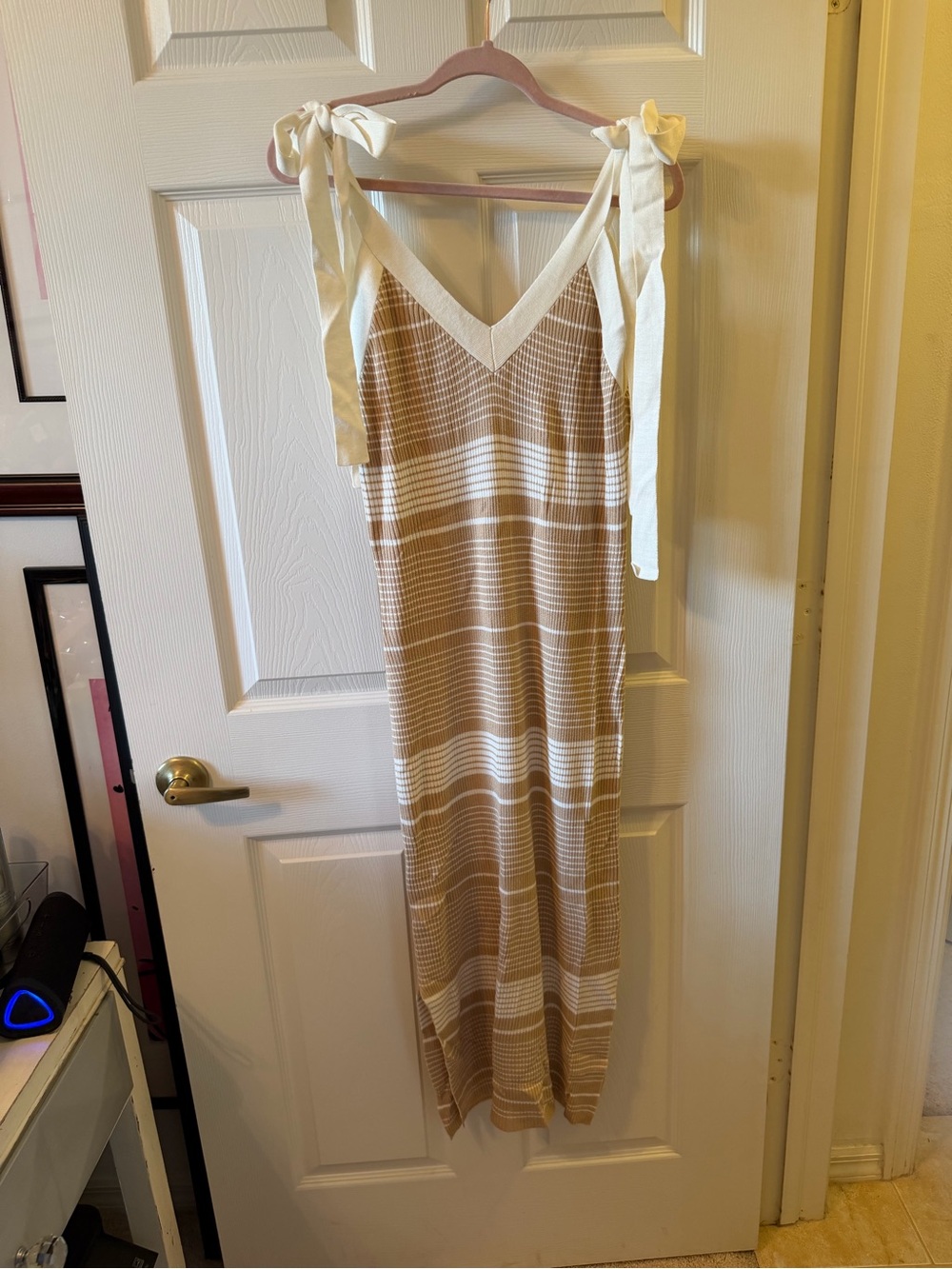 Endless Rose Striped Tie-Shoulder V-Neck Maxi Dress in Beige and White
